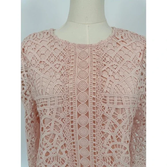 Ultra Pink Lace Sheer Blouse Long Sleeve Round‎ Neck Women's Size M - Picture 2 of 7